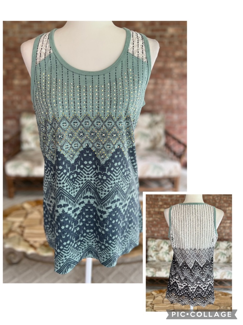 Vocal Sage Green Black Faux Suede Beaded Lace Knit Tank Top S Festival